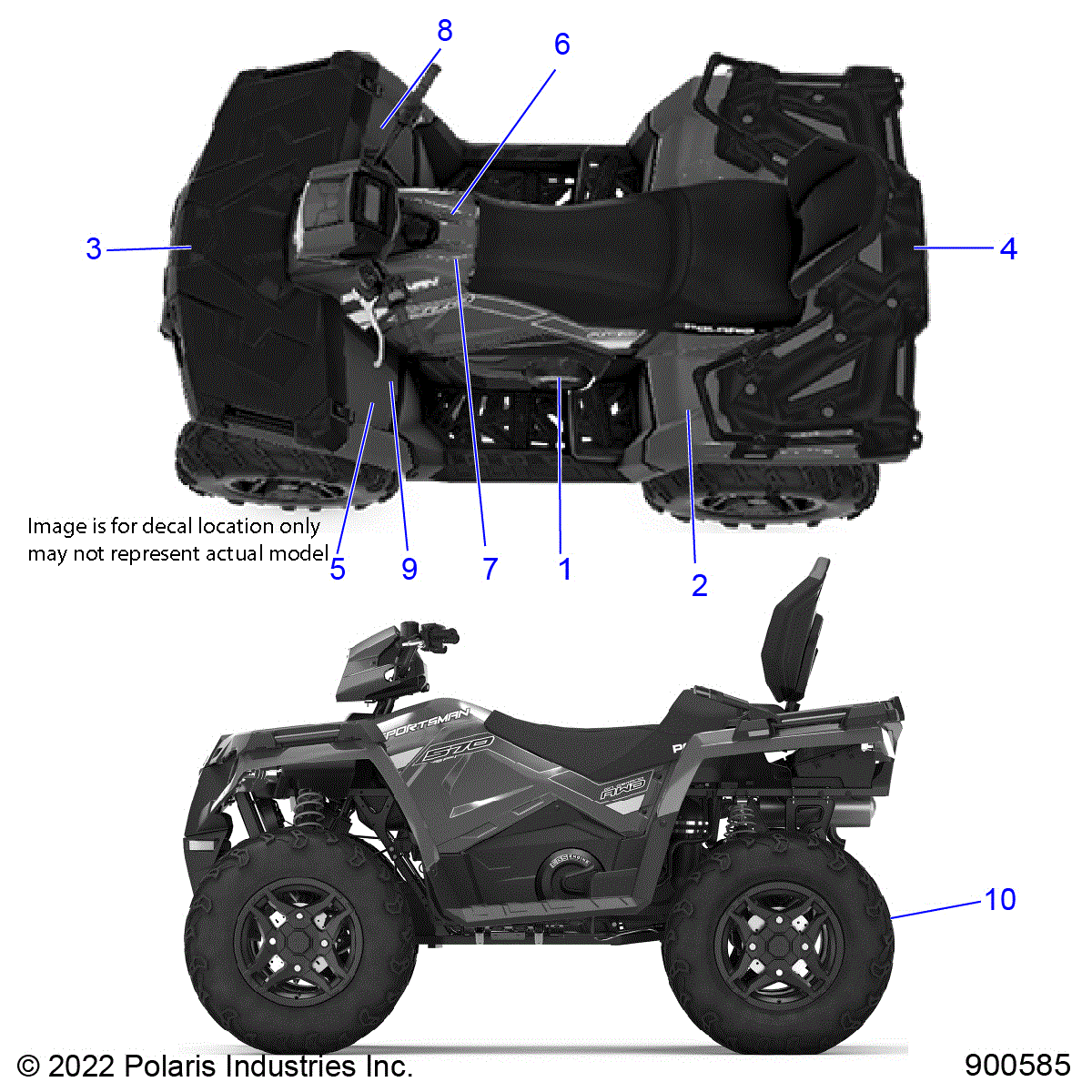 An Image of a Genuine Polaris Parts Schematic Diagram showing the schematic - BODY: DECALS GENERAL - 2023 POLARIS SPORTSMAN TOURING 570