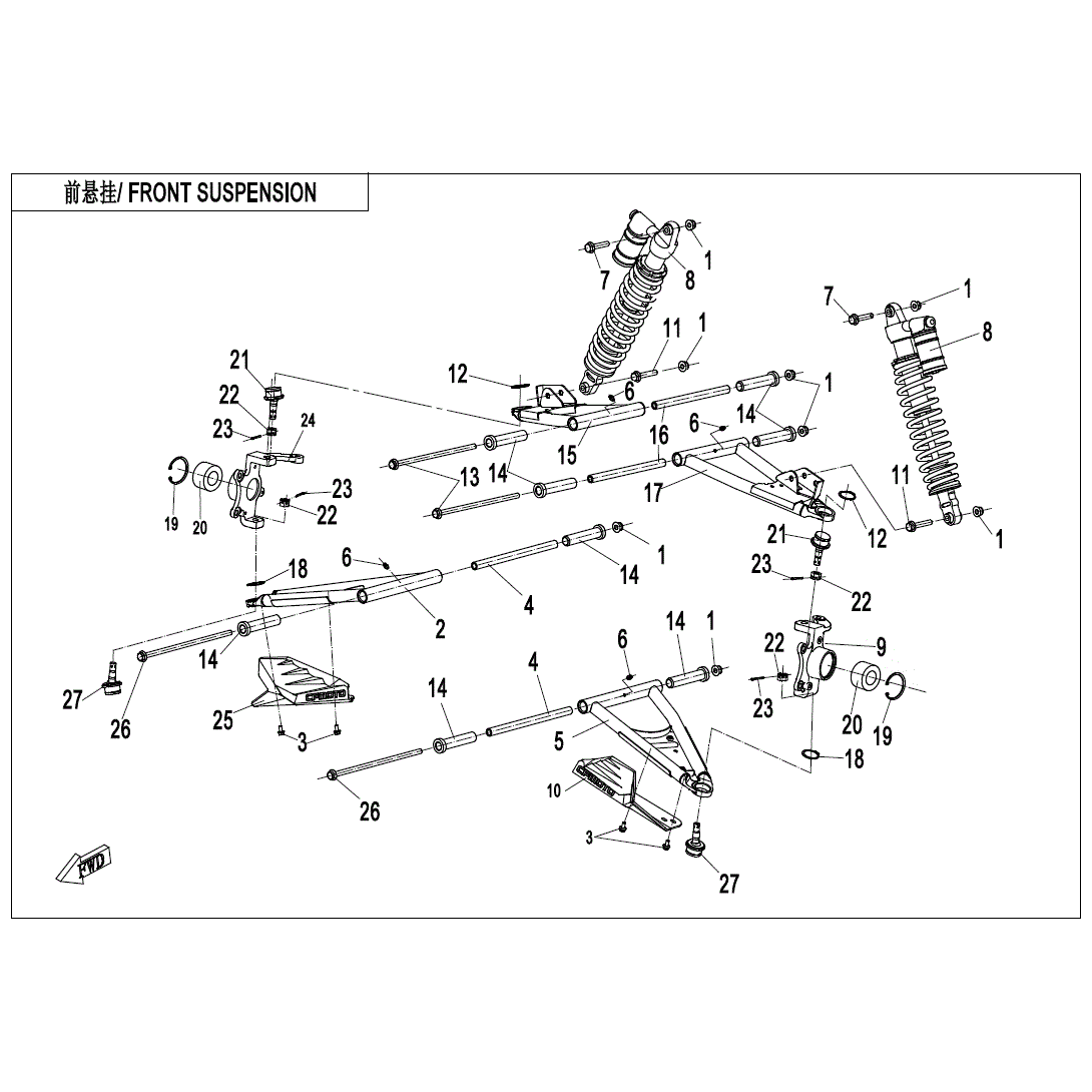 An Image of a Genuine CFMOTO Parts Schematic Diagram showing the schematic - FRONT SUSPENSION - 2021 CFMOTO ZFORCE 500