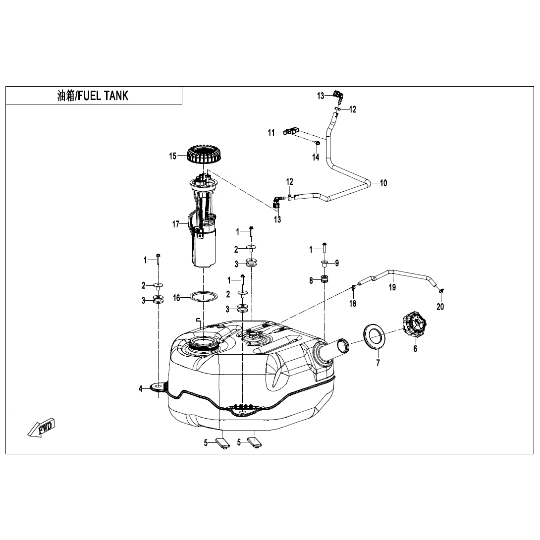 An Image of a Genuine CFMOTO Parts Schematic Diagram showing the schematic - FUEL TANK (FOR NON FUEL EVAPORATION SYSTEM) - 2025 CFMOTO UFORCE U10XL PRO HIGHLAND