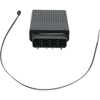 The Arctic Cat Non Programmable Ignition System by Dynatek is a black, rectangular electronic module with vents and a connector port, attached to a cable with a small plug—ideal for boosting spark energy. Displayed on a white background.