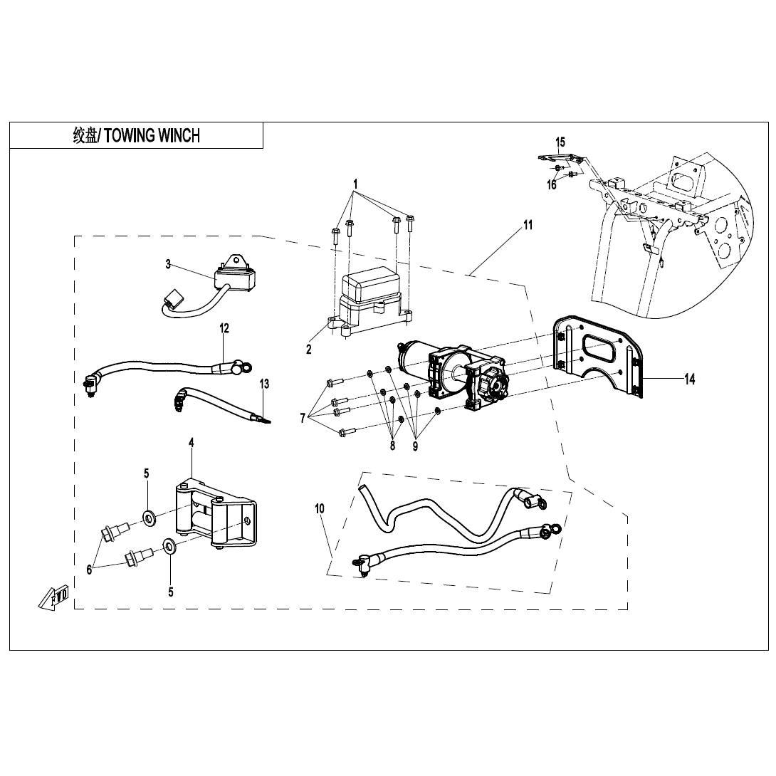 An Image of a genuine CFMOTO Parts Schematic Diagram showing the group - TOWING WINCH - 2025 CFMOTO CFORCE 500 S