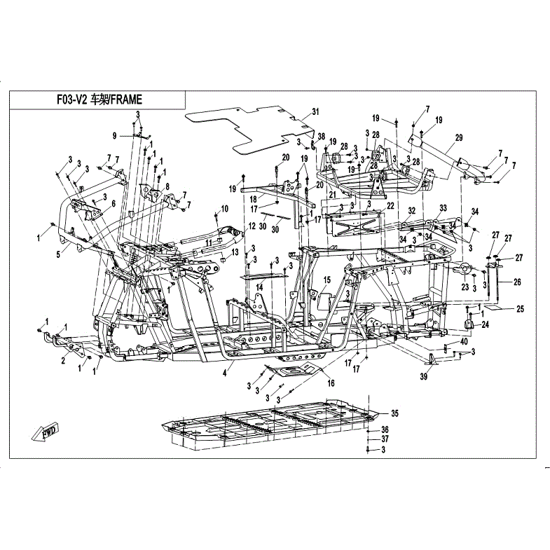 An Image of a Genuine CFMOTO Parts Schematic Diagram showing the schematic - FRAME - 2018 CFMOTO ZFORCE 800 Trail