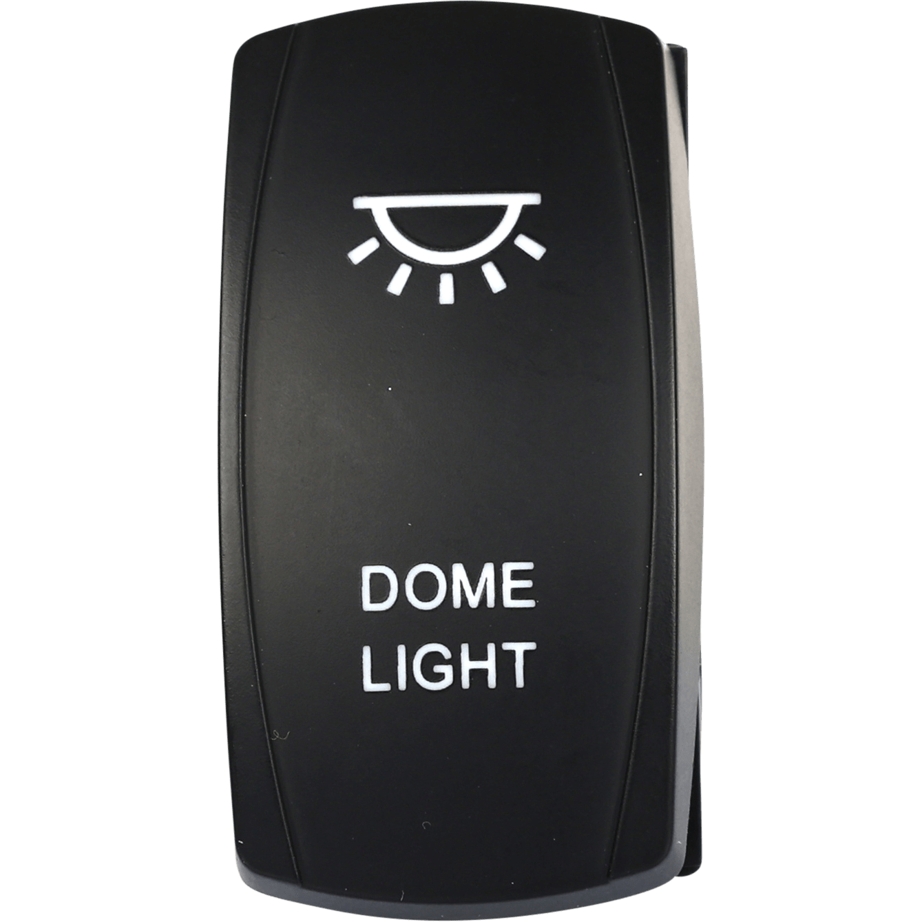 The Dome Lighting Led Switch Pro Backlit by Open Trail is a black, weather-sealed rocker switch labeled DOME LIGHT with a white lamp icon, designed to control a dome light and withstand harsh elements.
