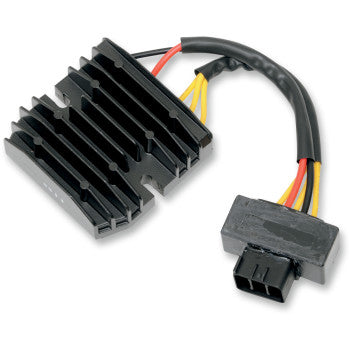 Black aluminum cooling fin regulator rectifier with attached black wiring harness and multi-colored wires.