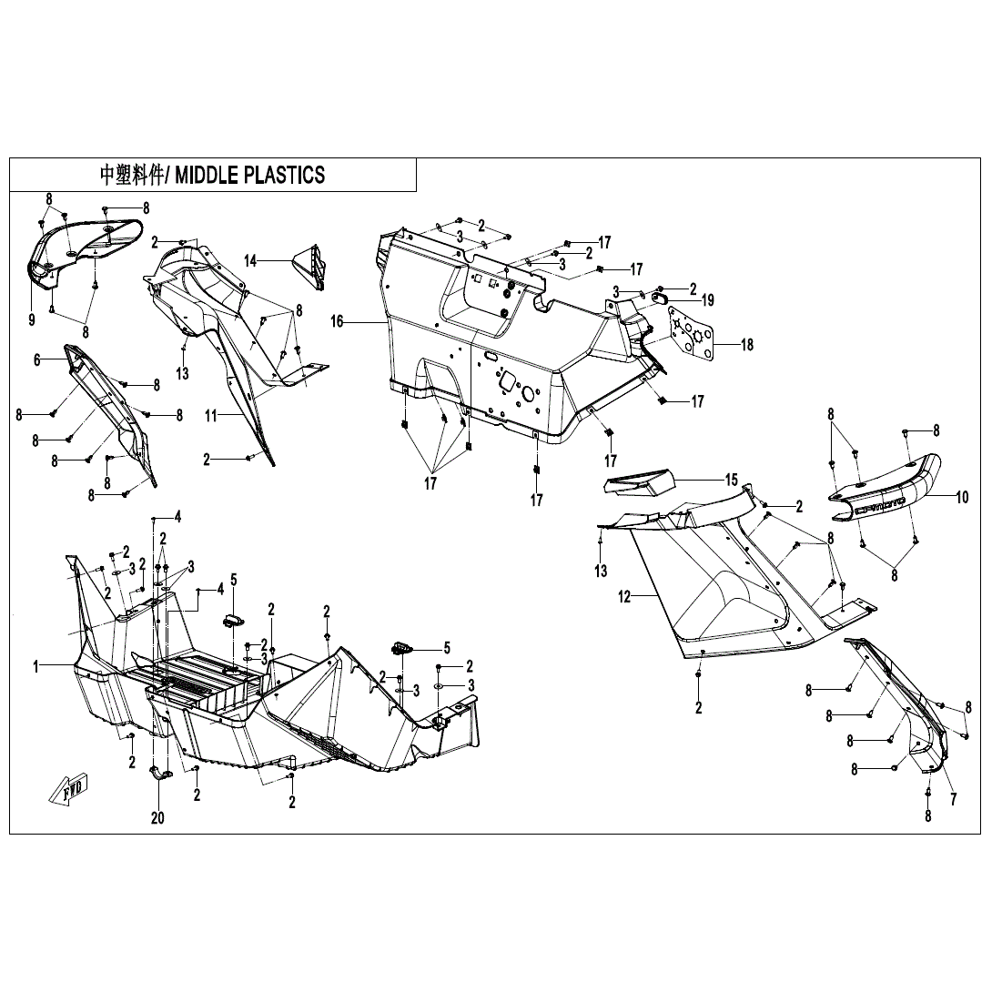 An Image of a Genuine CFMOTO Parts Schematic Diagram showing the schematic - MIDDLE PLASTICS - 2023 CFMOTO ZFORCE 950 HO Sport