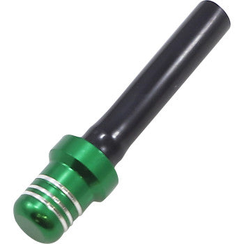 The Fuel Cap Vent Valve Green by Tmv is a green and black CNC-machined aluminum cap with two silver rings, designed for sealing the valve of bicycle or car tires.