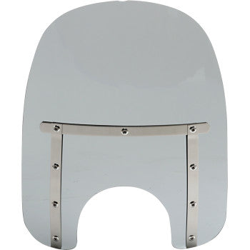 The Memphis Slim Windshield - 17 with a 7 headlight cutout in Black Smoke by Memphis Shades features a clear, curved design with included metal support brackets and screws, and is compatible with Memphis Shades accessories.