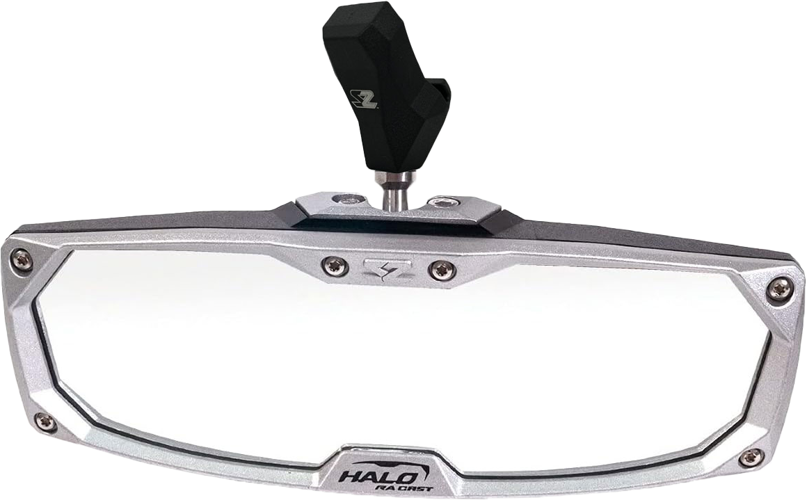 The Can-Am Defender Versa Vent Windshield by Seizmik is designed for enhanced visibility and pairs perfectly with a wide rearview mirror featuring a silver frame, black mounting bracket, and the HALO RAGE logo at the bottom center.