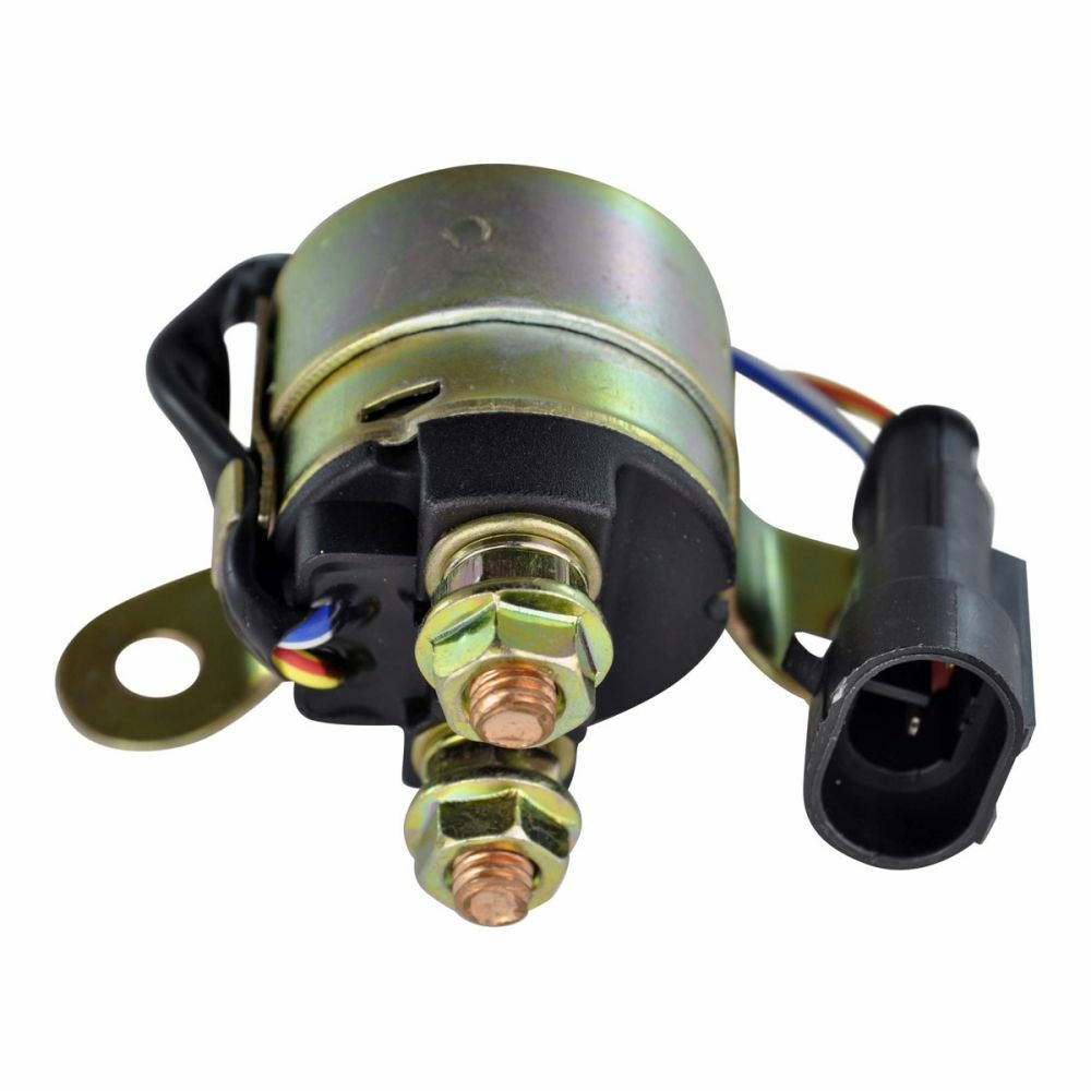 Compact metallic starter relay with brass terminals, black plastic base, and black electrical connector with colored wires.