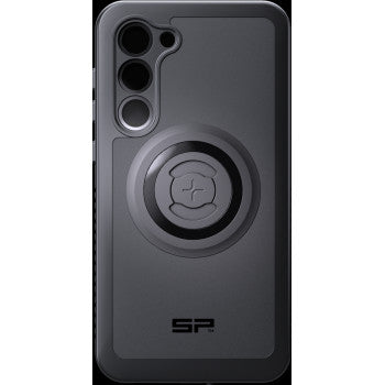 The Xtreme SPC+ Case S23+ by Sp Connect is a black case with three camera cutouts, a central circular magnetic MagSafe mount, and the SP logo at the bottom. It supports seamless wireless charging.