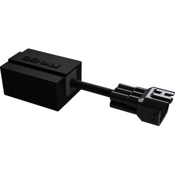 A black rectangular electronic module labeled DENALI is connected to a short cable with a connector, serving as the Denali DataDim™ Dual Intensity Controller for driving lights.