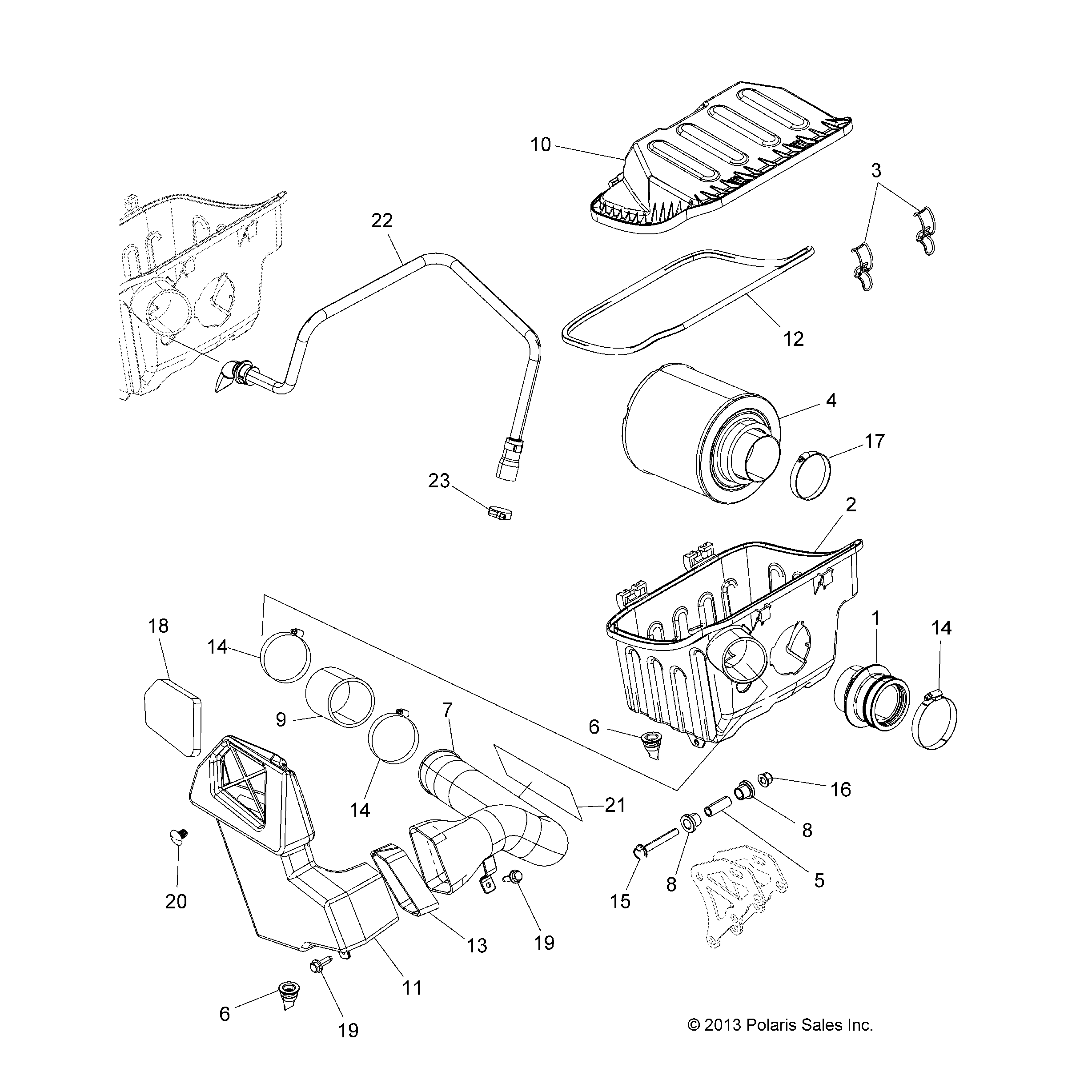 An Image of a Genuine Polaris Parts Schematic Diagram showing the schematic - ENGINE: AIR INTAKE SYSTEM - 2015 POLARIS SPORTSMAN ACE 570 EFI