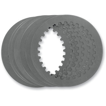 A set of Yamaha Steel Clutch Plates by Moose Offroad, featuring notched inner edges and arranged in a fanned-out display on a white background, engineered for increased flywheel effect and longer life.