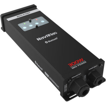 A black Navatlas 75 Watt Amplifier Bluetooth features top control buttons, indicator lights, labeled 75W Max Power, and two large input/output ports—ideal as a compact powersports amp.