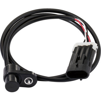 Black Polaris speed sensor with cylindrical end and attached black electrical connector on coiled cable.
