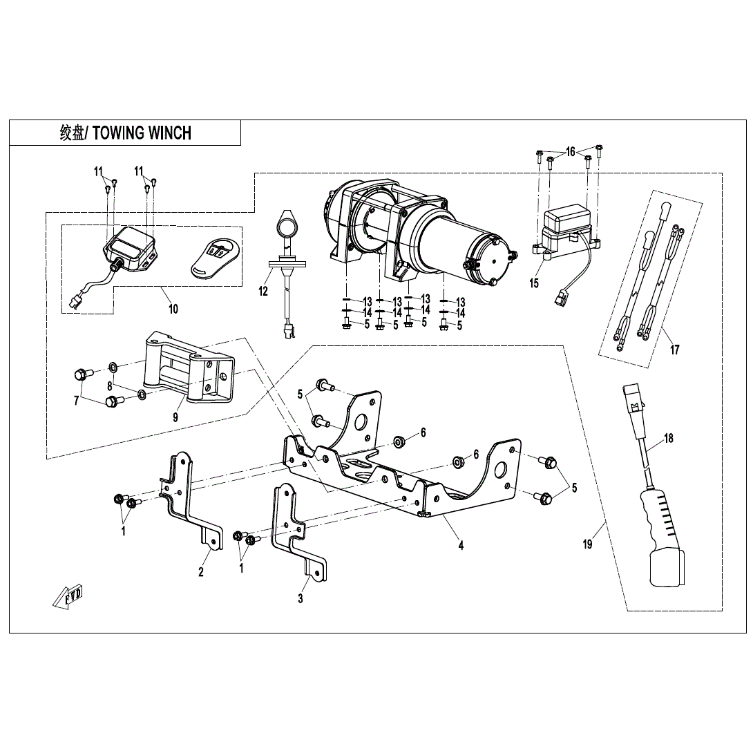 An Image of a Genuine CFMOTO Parts Schematic Diagram showing the schematic - TOWING WINCH - 2020 CFMOTO ZFORCE 950 Sport