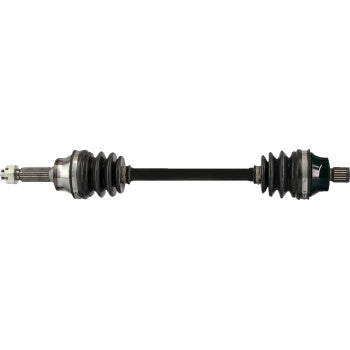 Black metal CV axle shaft with rubber accordion-style boots on both ends and silver-colored joints for rear left and right.