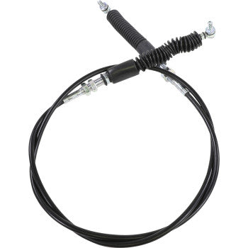 The Polaris UTV Shifter Cable by Moose Offroad is a black, corrosion-resistant mechanical cable with metal connectors and protective rubber boots, coiled in a loop—ideal for vehicle or machinery shifter applications.
