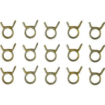 Fifteen Helix Self Tensioning Double Wire 3/8 hose clamps arranged in three rows, each ring-shaped clamp with two tabs and a self-compensating design. 15 pack.