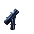 Black plastic Y-shaped fitting with three barbed tube connectors for fluid or air hoses.