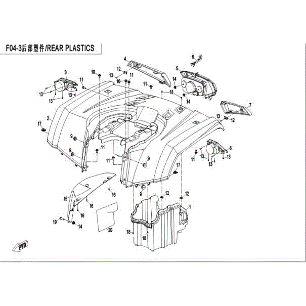 An Image of a genuine CFMOTO Parts Schematic Diagram showing the group - PLASTIC PARTS III - 2016 CFMOTO CFORCE 400