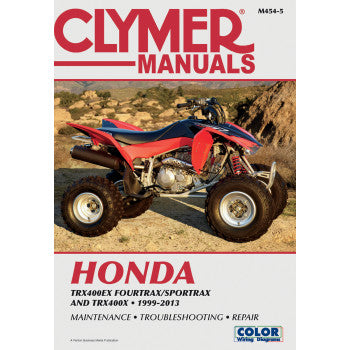 Cover of the Honda TRX 400EX Manual by Clymer, showing a red and black ATV on rough terrain; includes details on maintenance, troubleshooting, and repair for TRX400EX Fourtrax/Sportrax and TRX400X (1999-2013).