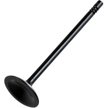 Black steel intake valve with a flat, rounded head and a slim, elongated stem designed for offroad engines.