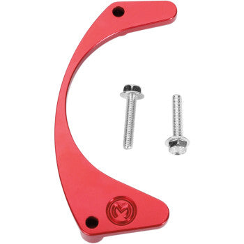 The Engine Case Saver Red by Moose Offroad is a red, curved CNC-machined aluminum bracket with two holes, shown with silver screws and nuts on a white background. It features an engraved circular logo and helps prevent engine case damage.