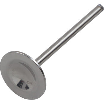 The Exhaust Valve by Del West features a flat, circular head and long cylindrical stem for reliable performance in demanding engines, displayed against a plain white background.