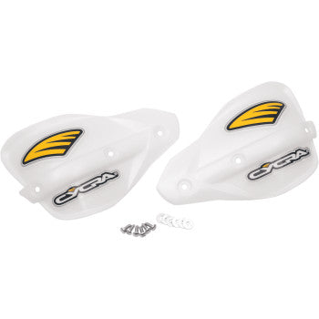 Two Probend™ Plastic Replacement Handshields Natural by Cycra, featuring yellow and black logos, are shown with screws and washers. Made from injection-molded plastic, they are displayed on a plain background.