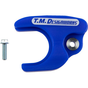 Blue Yamaha YFZ Front Chain Slider by T.M. Designworks, made from durable composite materials for long wear, includes metal bolt and washer (left), shown on a white background.