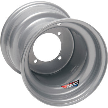 Ams Steel Wheel Rear Chrome 9x9 4/115 3+6 features a durable chrome finish, central mounting holes, a wide lip, and an AMS logo sticker on the inner edge.