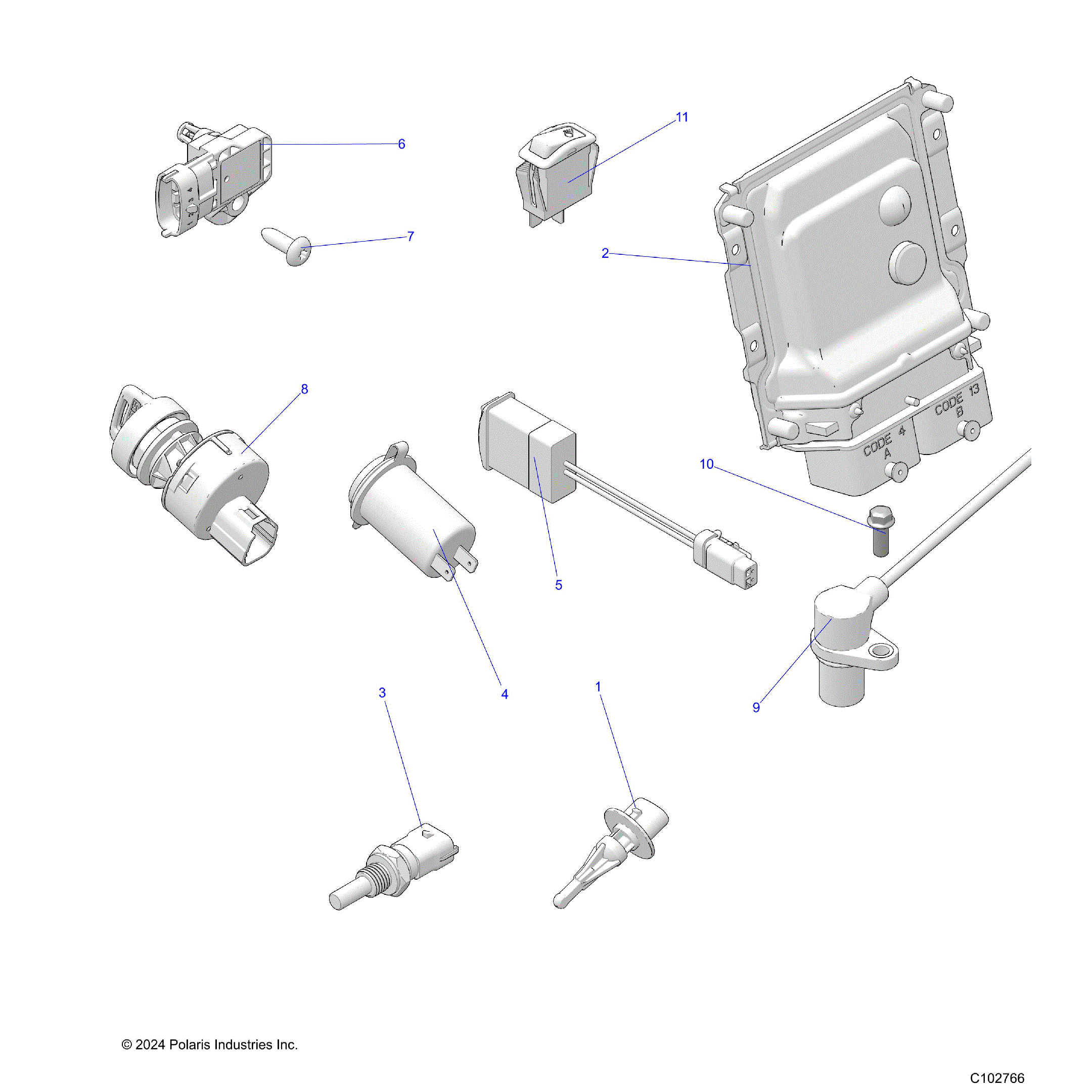 An Image of a Genuine Polaris Parts Schematic Diagram showing the schematic - ELECTRICAL: SWITCHES SENSORS ECU and CONTROL MODULES - 2025 POLARIS SCRAMBLER XP 1000 55 LLP 49S