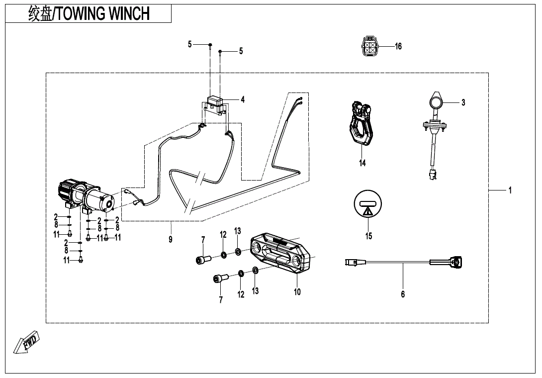 Diagram of the Winch Assembly by CF Moto with labeled parts—winch motor, cable, hook, mounting hardware, switches, connectors—in both Chinese and English. Perfect for identifying components. Available at Witchdoctors.com.