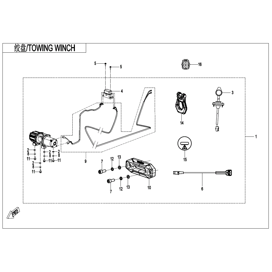 An Image of a Genuine CFMOTO Parts Schematic Diagram showing the schematic - TOWING WINCH - 2025 CFMOTO UFORCE 800 XL