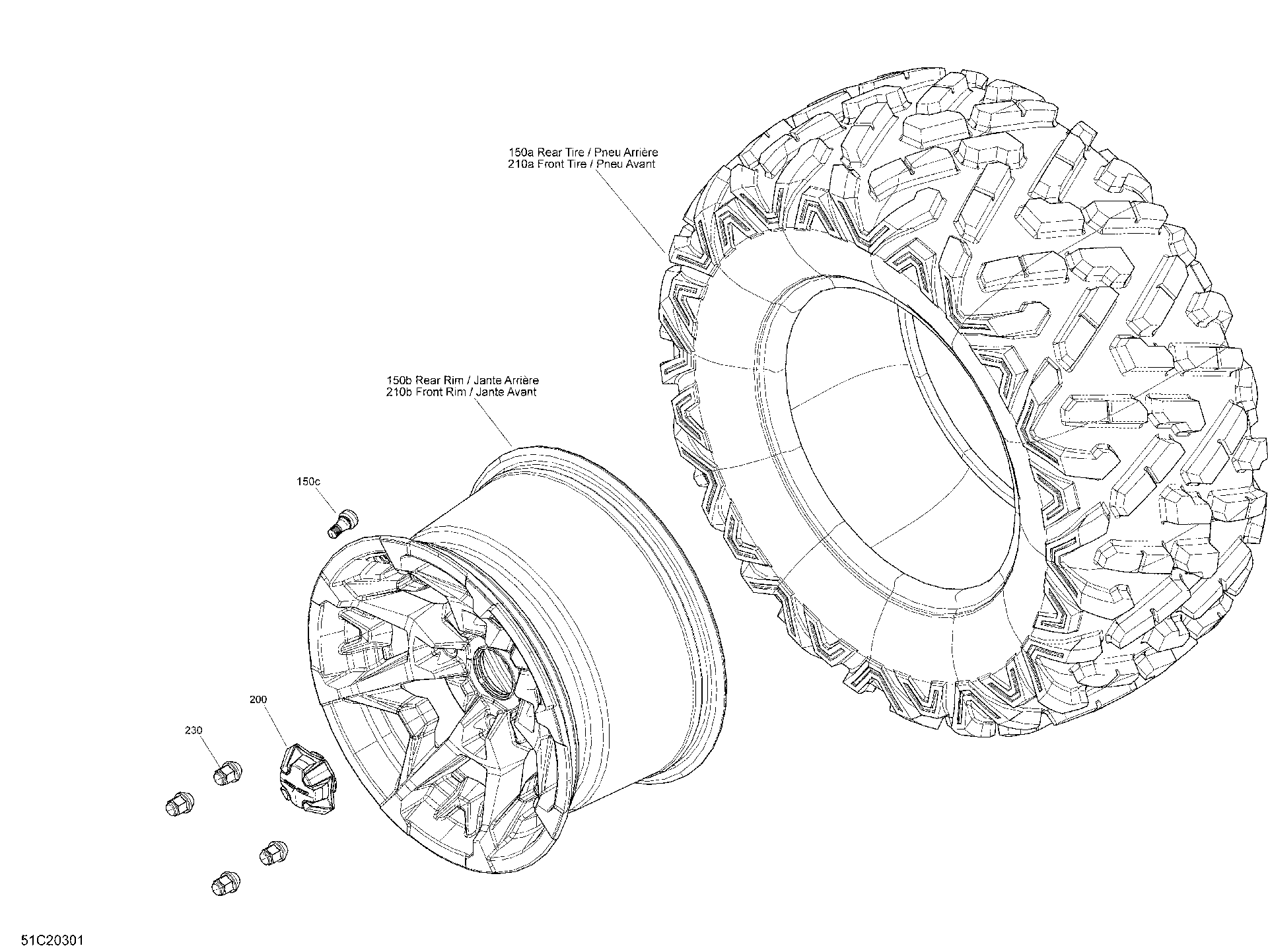 An Image of a Genuine Can-Am Parts Schematic Diagram showing the schematic - DRIVE - WHEELS - XT