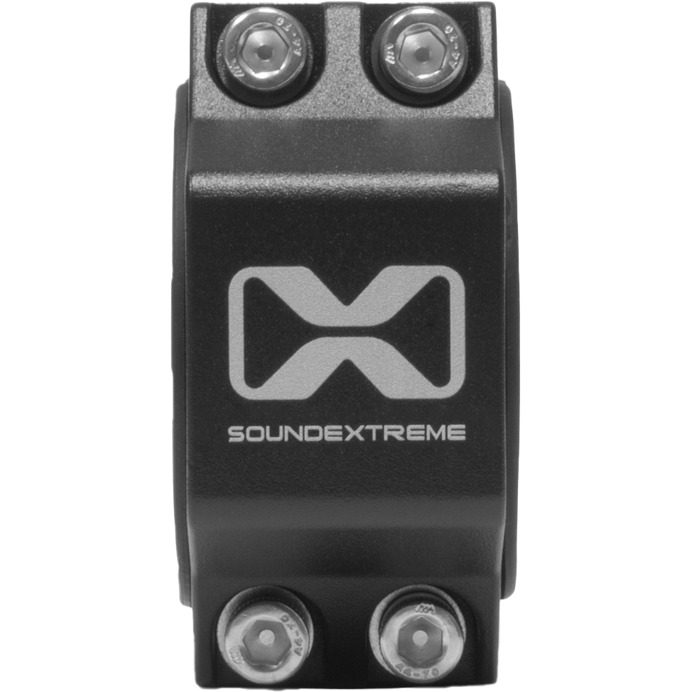 A close-up of the V8 Whip Mount (Single Pack) by EcoXGear, a black device with an X logo and brand name below it. Four metallic connectors are visible—two at the top and two at the bottom.