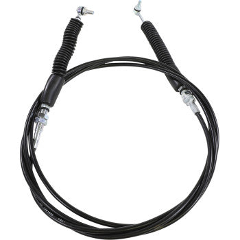 Black flexible shifter cable with metal connectors and protective rubber boots on each end.