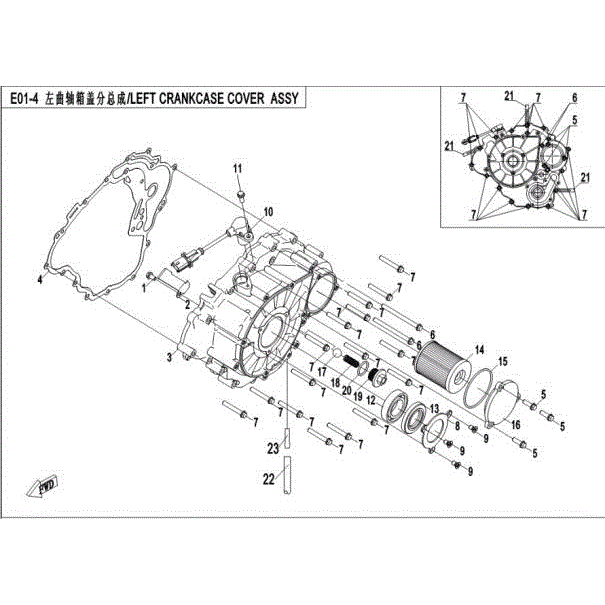 An Image of a Genuine CFMOTO Parts Schematic Diagram showing the schematic - LEFT CRANKCASE COVER ASSY - 2016 CFMOTO ZFORCE 500