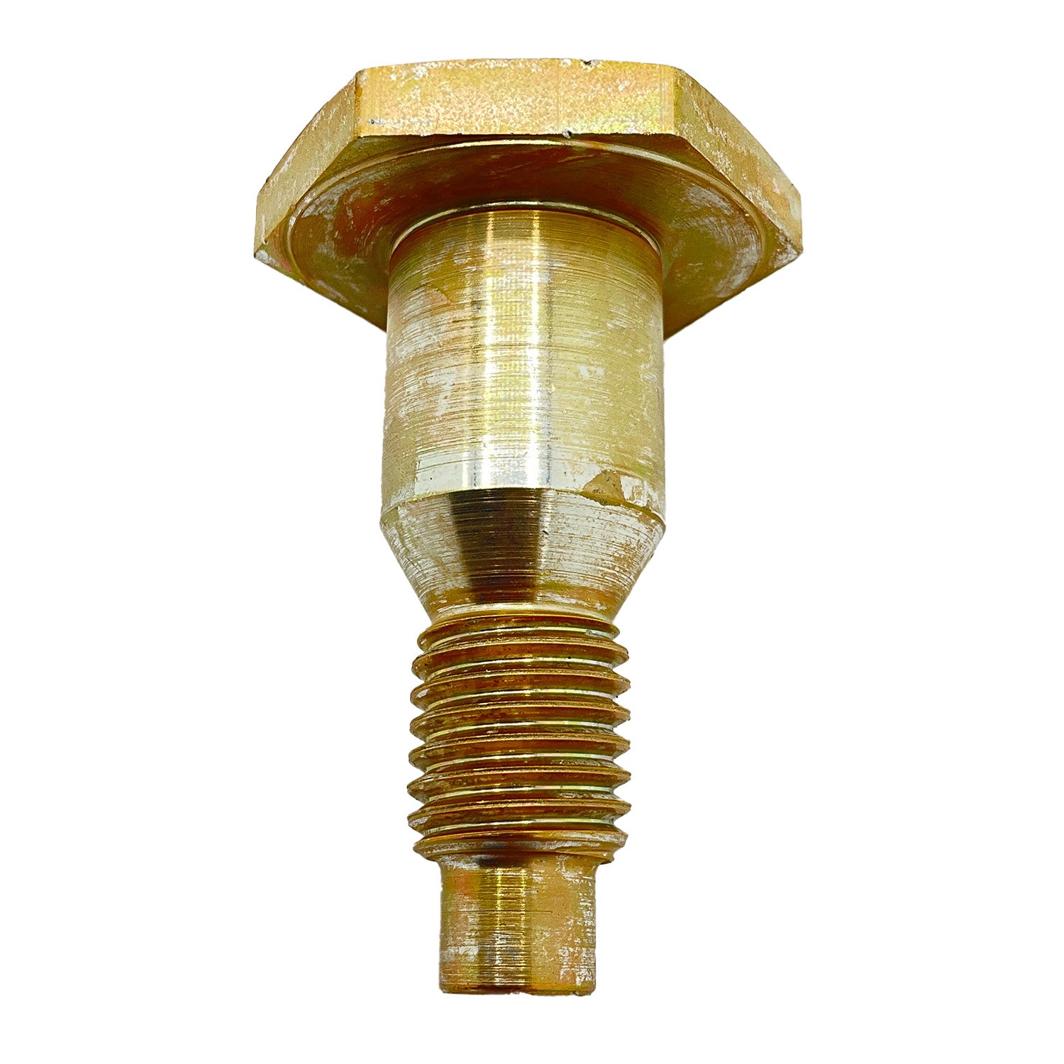 Hexagonal gold-toned metal swingarm pivot bolt with threaded shaft and smooth cylindrical section.