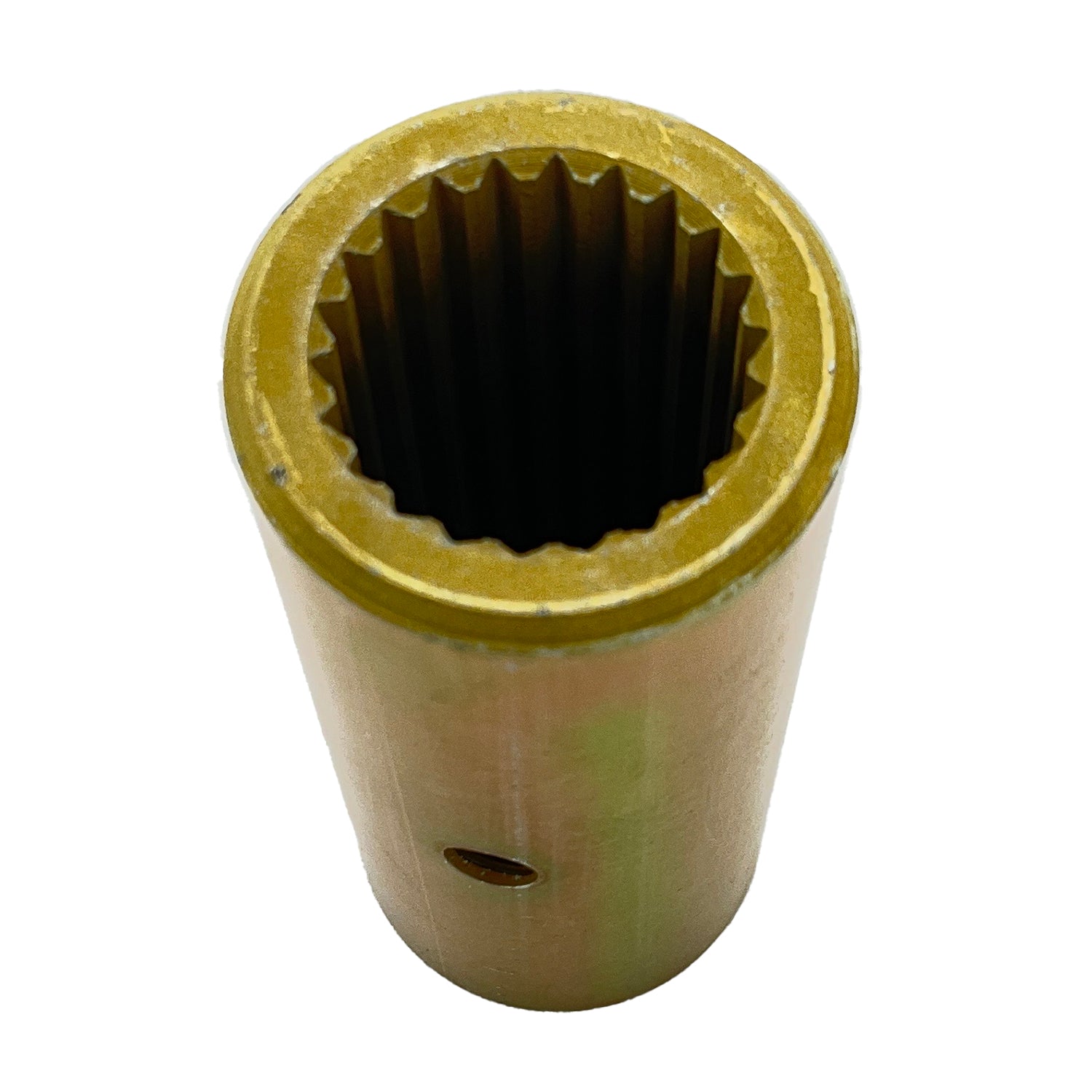 Cylindrical metal drive shaft coupling with internal splines and a small side hole, gold-toned finish.