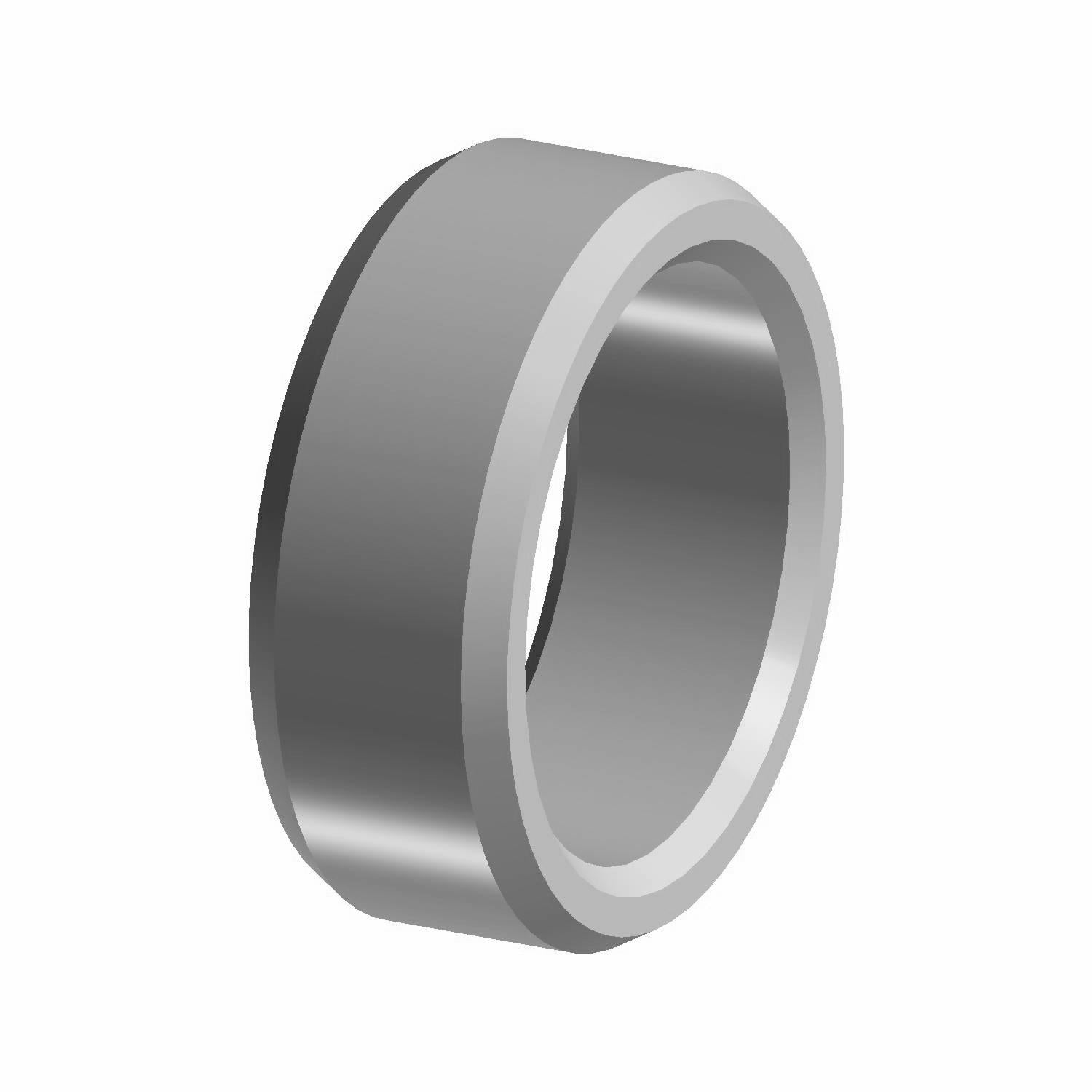 Gray metal cylindrical bearing spacer with a smooth polished surface and hollow center.
