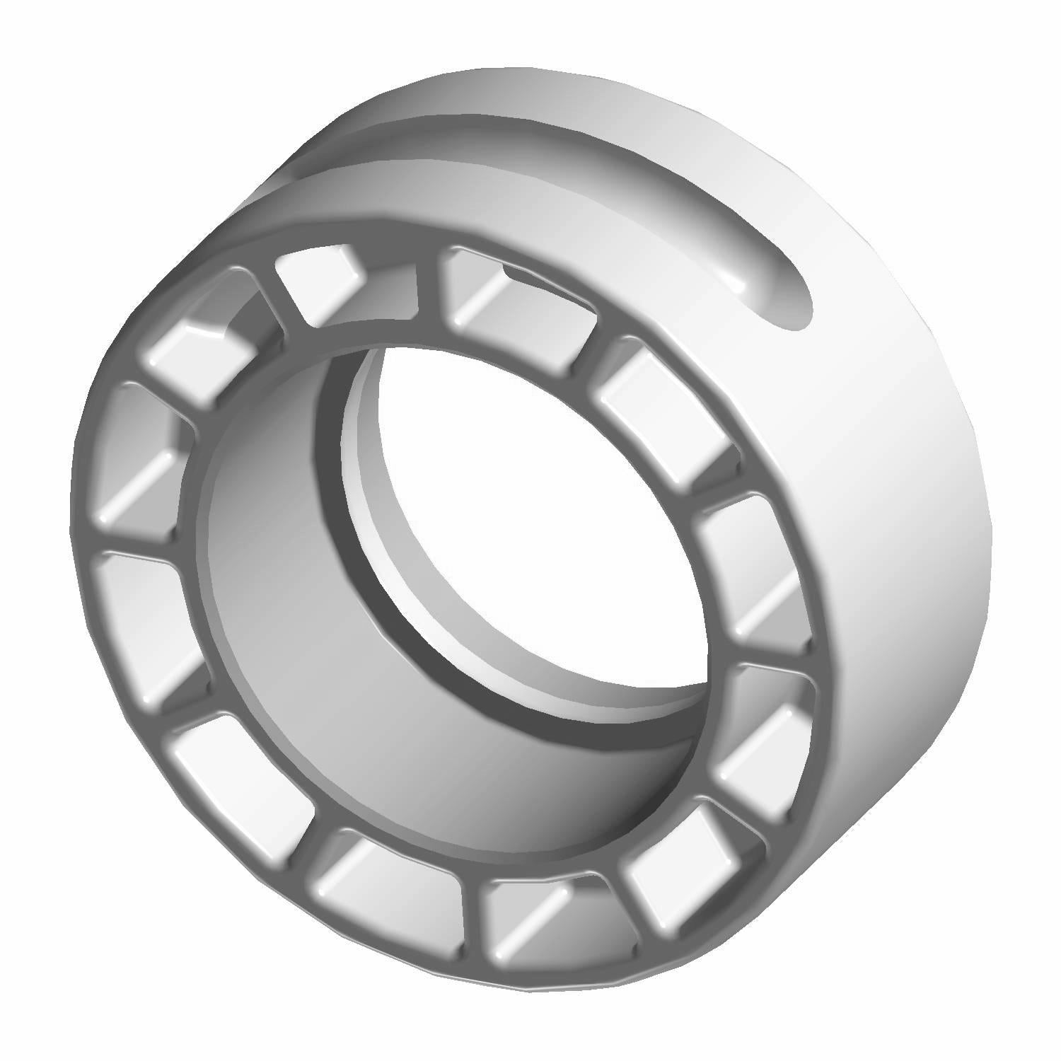 Gray cylindrical swing arm housing with a hollow center and evenly spaced rectangular cutouts around the inner ring.