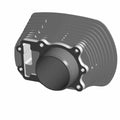 Silver metal cylinder engine component with cooling fins and mounting flange holes.