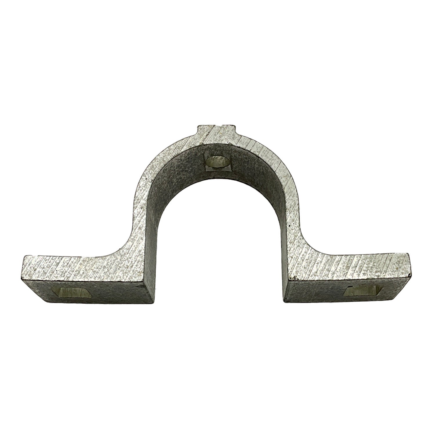 Silver aluminum steering post bracket with a curved arch and flat mounting arms on each side.