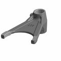 Gray metal shift fork with a circular mounting hole and two prongs for engaging gears.