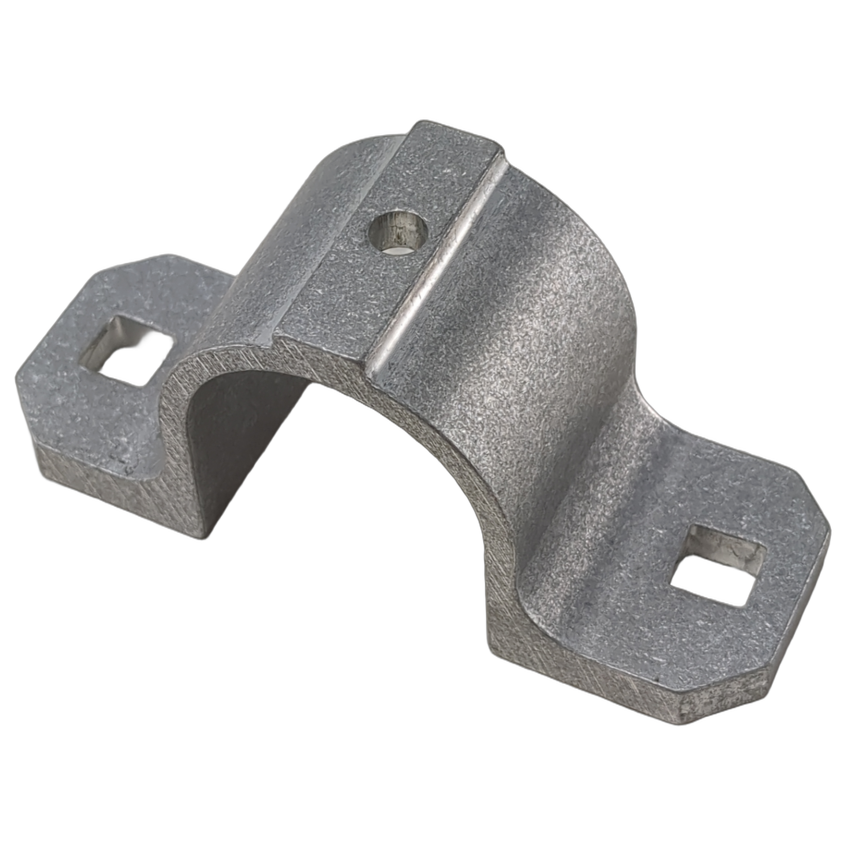 Metal steering post bracket with a rounded arch and two flat mounting flanges with square holes.