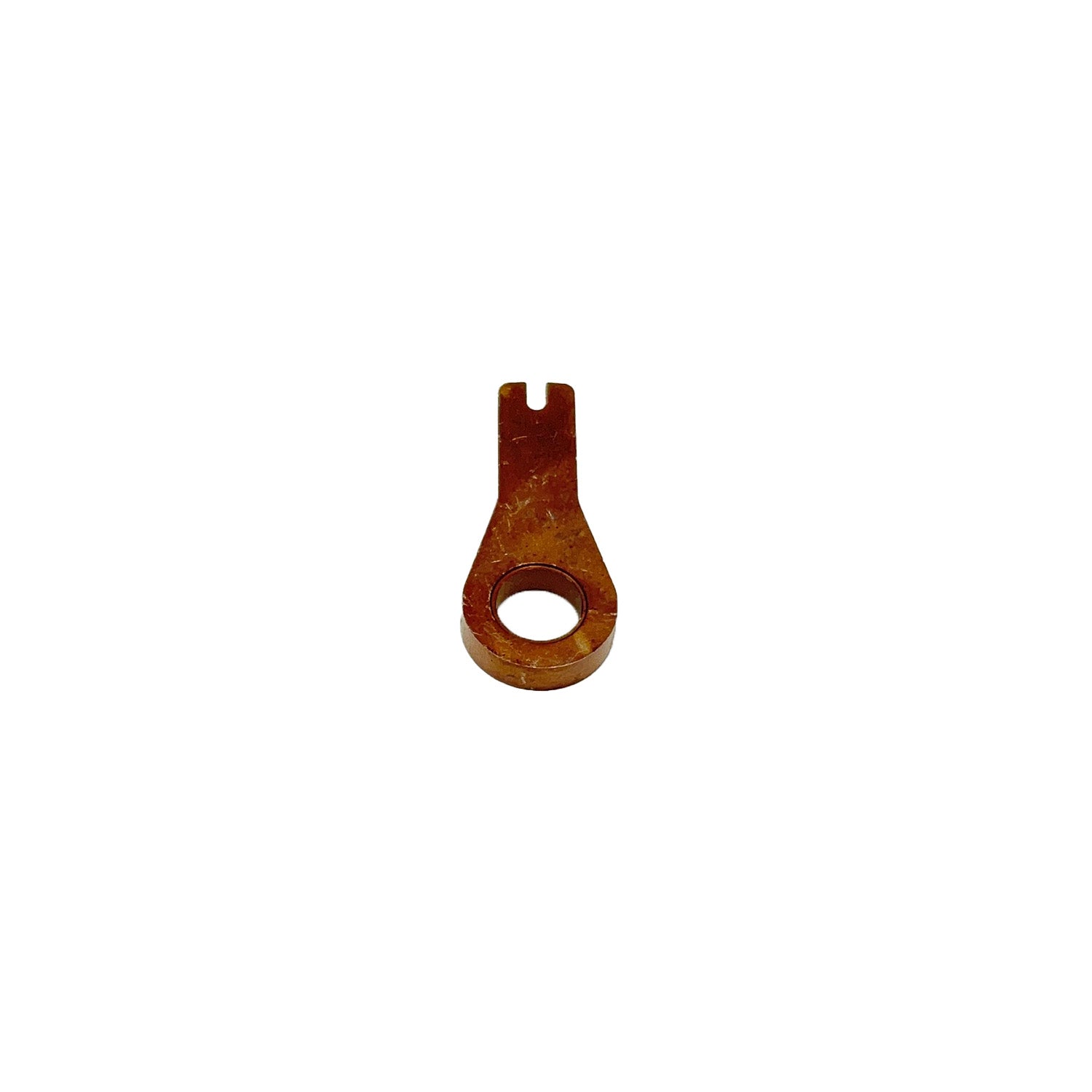 Rust-colored metal shift lever with circular hole base and two-pronged top end.