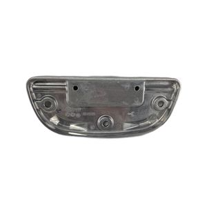 A metallic, oval-shaped Floorboard, Driver by Polaris with multiple holes and indents is shown from above on a white background, featuring a smooth finish and engraved markings that indicate it’s an OEM automotive component.