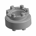 Gray metal cylindrical motorcycle slider engagement part with six protruding pegs and internal splines.